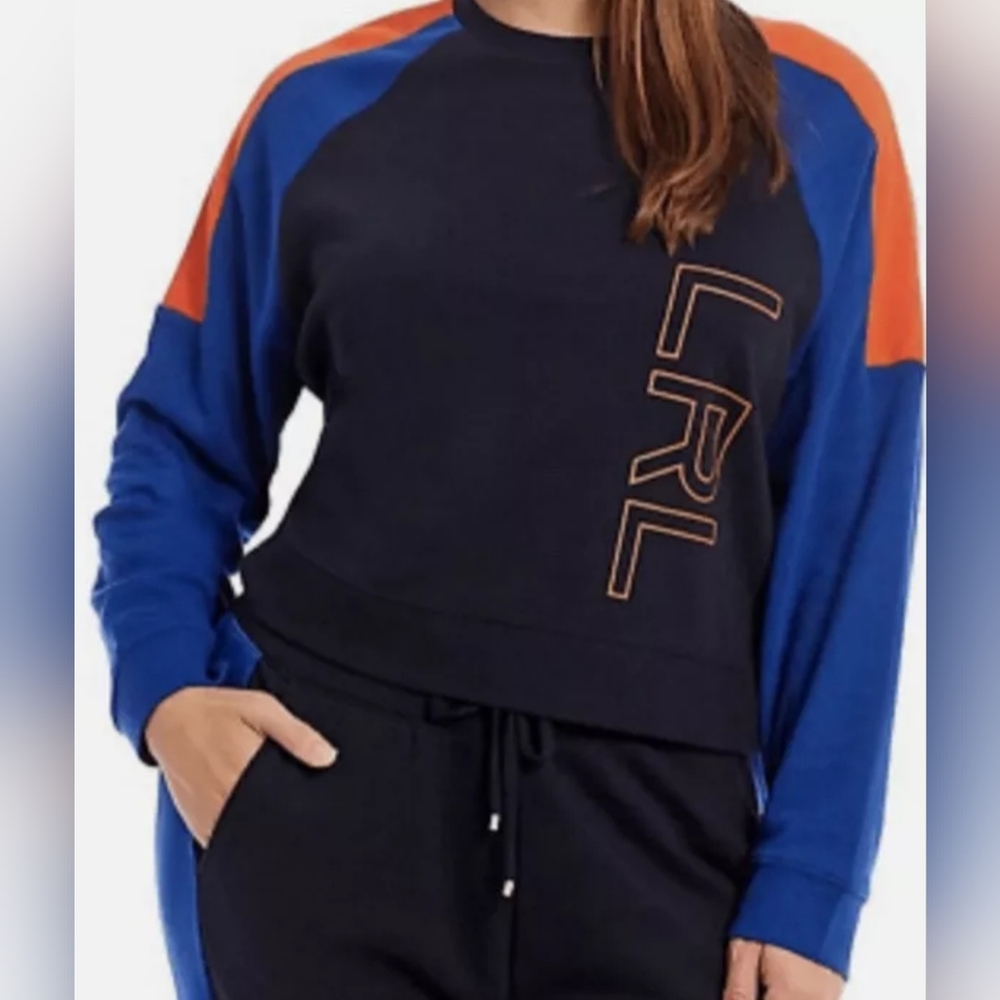 Ladies Ralph Lauren Color Block Navy Orange Logo Cropped Sweatshirt Med